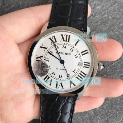 AF Cartier Ronde Replica Leather Watch Stainless Steel White Dial